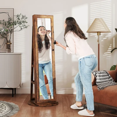 HOMCOM 360° Swivel Lockable Jewelry Armoire with Mirror, Brown