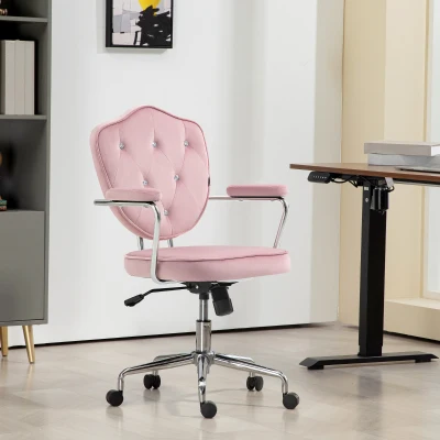 HOMCOM Pink Velvet Tufted Swivel Office Desk Chair