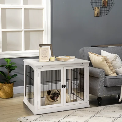 PawHut Small Dog Crate End Table, Lockable Door, White