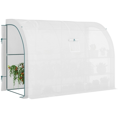 Outsunny Walk-in Wall Lean-to Greenhouse, 10' x 5' x 7' Outdoor Gardening Green House with PE Cover, Windows, Shelves and 2 Zipper Doors, White