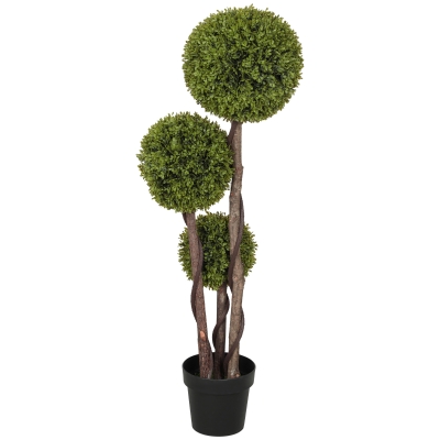 HOMCOM 4FT Potted Fake Plant, Artificial Boxwood Topiary Tree, Triple Ball Tree for Indoor and Outdoor, Green