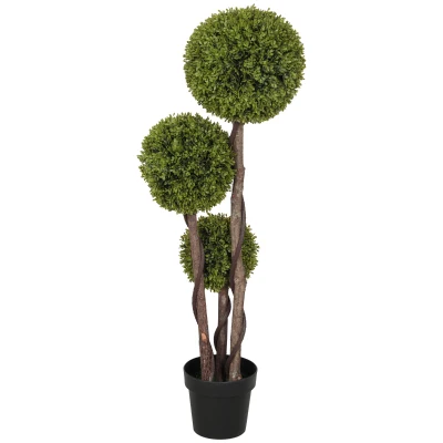 HOMCOM 4FT Potted Fake Plant, Artificial Boxwood Topiary Tree, Triple Ball Tree for Indoor and Outdoor, Green
