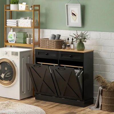 HOMCOM Tilt-Out Laundry Hamper Cabinet with Baskets & Drawers, Black