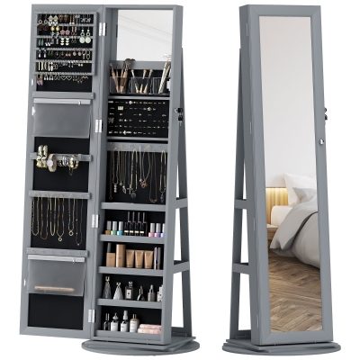HOMCOM 360° Swivel Lockable Jewelry Armoire with Mirror, Gray