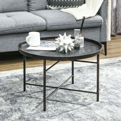 HOMCOM Vintage Coffee Table for Living Room, 24" Round Center Table with Hammered Tray Top and Metal Frame, Pewter