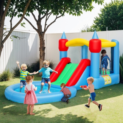 Qaba 4 in 1 Inflatable Bounce House with Slide, Basketball Hoop, Ball Pit, Blower, Storage Bag, 163" x 81" x 75"