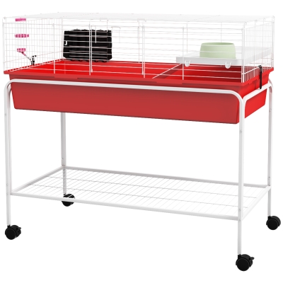 PawHut 39" Two-Story Small Animal Cage, Red with Wheels