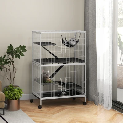 PawHut 50" Rolling Small Animal Cage with Hammock, 4 Doors