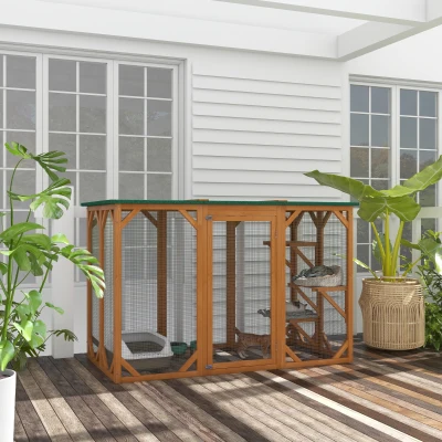 PawHut 71" Outdoor Cat House, Wooden Catio Shelter, Orange