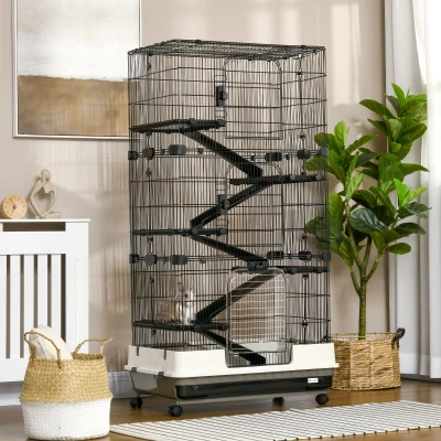 PawHut 6-Tier Rolling Rabbit Cage, Large Space, Black