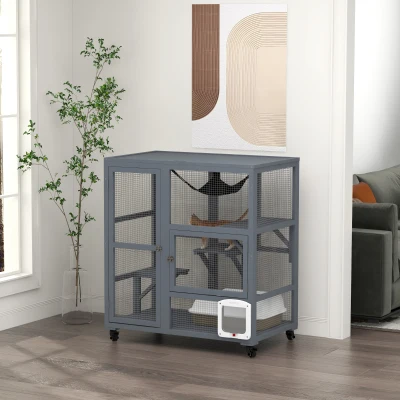 PawHut 39" Indoor Cat House on Wheels, Openable Top