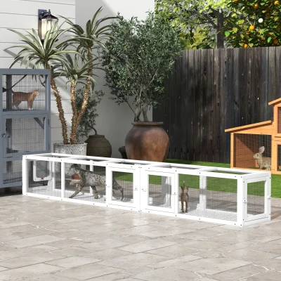 PawHut 98" Wooden Cat Tunnel for Outdoor, 8 Doors, White