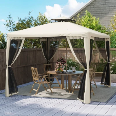 Outsunny 10' x 10' Gazebo Tent, Outdoor Canopy with Netting, Taupe