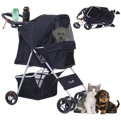 PawHut Dog Stroller, One-click Folding Pet Stroller with Cup Holder, 4 Wheels Travel Carrier w/ Brakes, 360° Swiveling Front Wheels, Storage Basket, for XS/Small Dogs Cats, Black