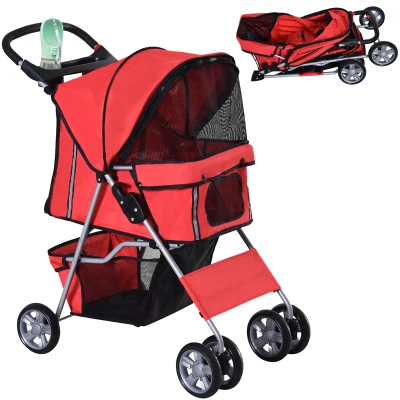 PawHut 4 Wheel Dog Pet Stroller Dog Cat Carrier Folding Sunshade Canopy with Brake, Red