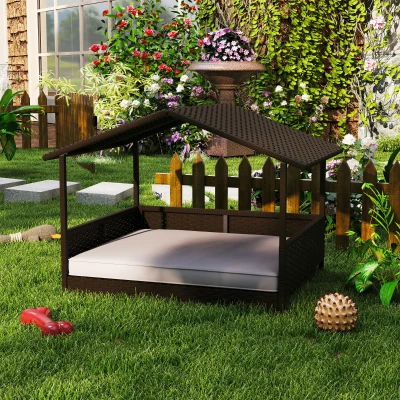 PawHut Wicker Dog House with Canopy, Raised Bed for Dogs up to 66 lbs