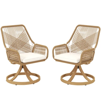 Outsunny Outdoor Swivel Dining Chairs Set of 2, Patio Rattan Chairs with Soft Cushions for Garden, Backyard, Poolside, Khaki