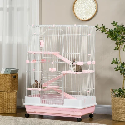 PawHut 32"L 4-Level Small Animal Cage with Wheels, Pink
