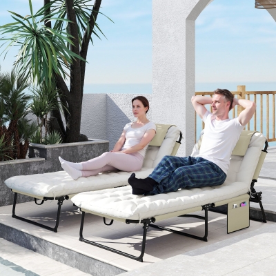 Outsunny 2-Piece Folding Lounge Chairs with Adjustable Backrest, Tanning Chair with Cushion, Side Pocket, Headrest, Beige