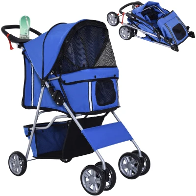 PawHut 4 Wheel Pet Stroller for Small Dogs Cats, Dog Stroller with Folding Sunshade Canopy, Pet Carrier Folding Sunshade Canopy with Brake, Safety Leash, Cup Holder, Blue