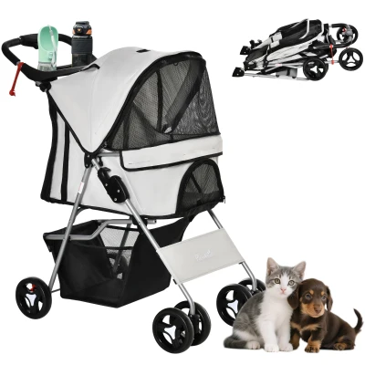PawHut Dog Stroller, One-click Folding Pet Stroller with Cup Holder, 4 Wheels Travel Carrier w/ Brakes, 360° Swiveling Front Wheels, Storage Basket, for XS/Small Dogs Cats, Grey