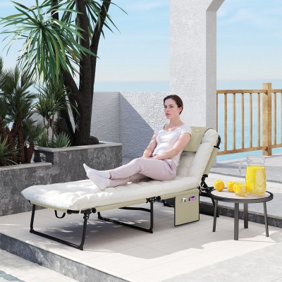Outsunny Folding Lounge Chair with 4-level Reclining Back & Cushion, Beige