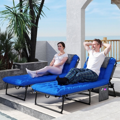 Outsunny 2 Pieces Folding Lounge Chairs with 4-level Reclining Back, Outdoor Tanning Chair with Cushion, Sun Lounger with Breathable Mesh Fabric, Side Pocket, Headrest, Blue