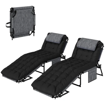 Outsunny 2-Piece Folding Lounge Chairs with Adjustable Backrest, Tanning Chair with Cushion, Side Pocket, Headrest, Black