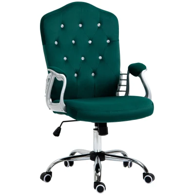 Vinsetto Velvet Computer Chair, Button Tufted Desk Chair with Swivel Wheels, Adjustable Height, Green