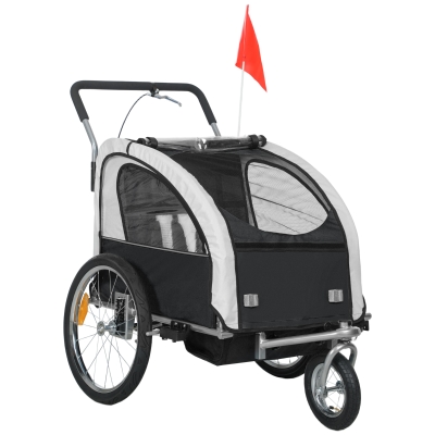 Aosom 2-in-1 Bike Trailer for Kids, Foldable 2-Seat Baby Stroller with 5-Point Harness, Rubber Wheels, Storage Bag, Black
