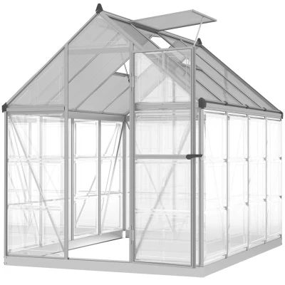 Outsunny 6' x 8' Walk-in Polycarbonate Greenhouse Aluminium Green House with 2 PC Panel Types, 5-Level Roof Vent, Rain Gutter