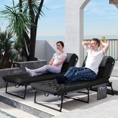 Outsunny 2-Piece Folding Lounge Chairs with Adjustable Backrest, Tanning Chair with Cushion, Side Pocket, Headrest, Black