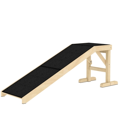 PawHut Pet Ramp Bed Steps for Dogs Cats Non-slip Carpet Top Platform Pine Wood 59"L x 16"W x 20"H Natural Wood