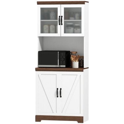 HOMCOM 70" Farmhouse Kitchen Pantry Cabinet with Glass Doors, White