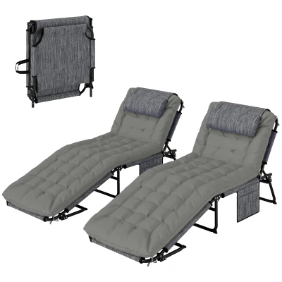 Outsunny 2-Piece Folding Lounge Chairs with Adjustable Backrest, Tanning Chair with Cushion, Side Pocket, Headrest, Grey