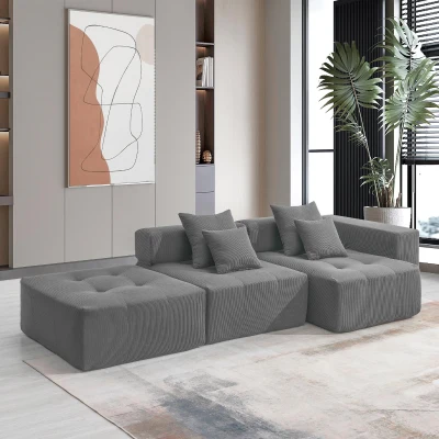 L-Shaped Tufted Modular Sectional Sofa with 4 Pillows, Gray