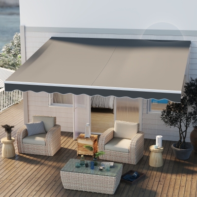 Outsunny 13' x 10' Electric Retractable Awning Sun Shade Shelter w/ Remote Controller for Deck Balcony Yard, Light Grey