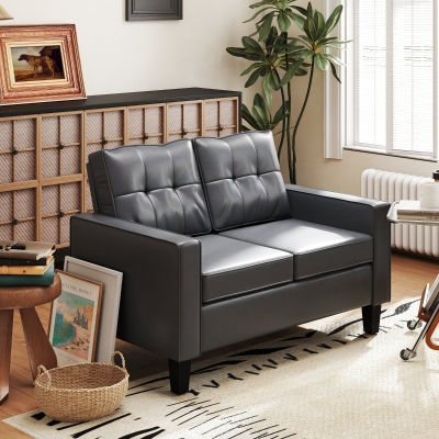 HOMCOM 51" PU Leather Loveseat, Upholstered Double Sofa Couch with Armrests, Tufted Backrest, Pocket Spring and Sponge Padded Cushion for Living Room, Bedroom, Home Office, Grey