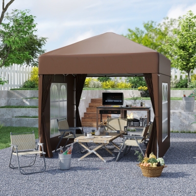 Outsunny 6.6'x6.6' Pop Up Canopy Tent with Sidewalls, Instant Sun Shelter Camping Gazebo with Carry Bag, Brown