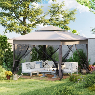 Outsunny 11' x 11' Pop Up Canopy 2-Tier Soft Top Shelter Event Tent w/ Netting Carry Bag for Patio Backyard Garden, Grey