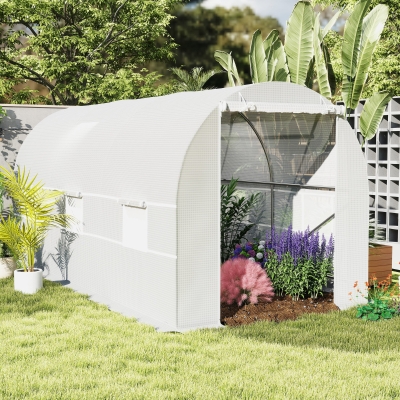 Outsunny 14.6x6.6x6.6ft Walk-in Tunnel Greenhouse Portable Garden Plant Growing Warm House with Door and Ventilation Window White