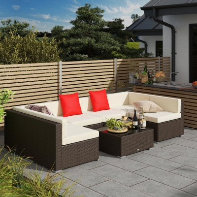 Outsunny 7 Pieces Patio Furniture Set, Rattan Outdoor Conversation Set, Garden Wicker Sofa Set, Ivory