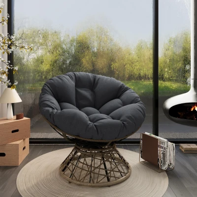 360° Swivel Ergonomic Wicker Papasan Chair with Ultra-Thick Cushion, Black+Brown