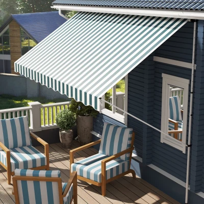 Outsunny 10x5ft Manual Retractable Awning, Patio Sun Shade Canopy Shelter with 5.6-9.2ft Support Pole, Water Resistant UV Protector, for Window, Door, Porch, Deck, Green