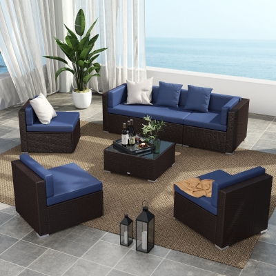 Outsunny 7 Pieces Patio Furniture Set, Rattan Conversation Set Garden Wicker Sofa Set with Washable Cushions and Coffee Table, for Deck Balcony Yard, Navy Blue