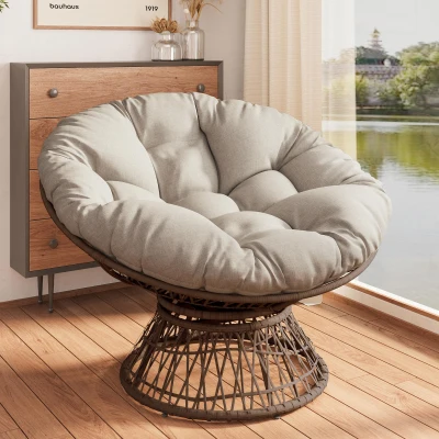 360° Swivel Ergonomic Wicker Papasan Chair with Cloud-Like Cushion, Beige+Brown