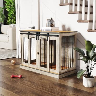 PawHut 47in Dog Crate Furniture with Divider Panel, Wooden Dog Kennel TV Stand for Large Dogs, Pet House Side Table for 2 Small Dogs with Two Rooms Design, 2 Sliding Doors, Oak
