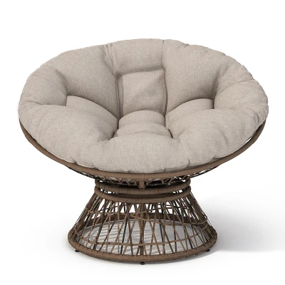 360° Swivel Ergonomic Wicker Papasan Chair with Cloud-Like Cushion, Beige+Brown