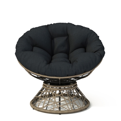 360° Swivel Ergonomic Wicker Papasan Chair with Ultra-Thick Cushion, Black+Brown