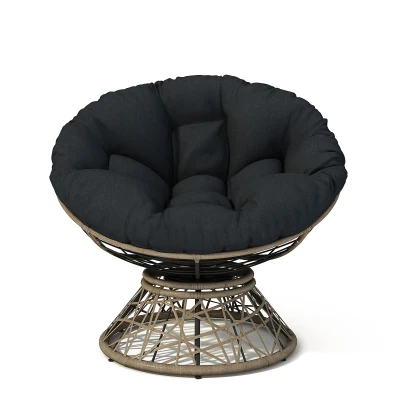 360° Swivel Ergonomic Wicker Papasan Chair with Ultra-Thick Cushion, Black+Brown